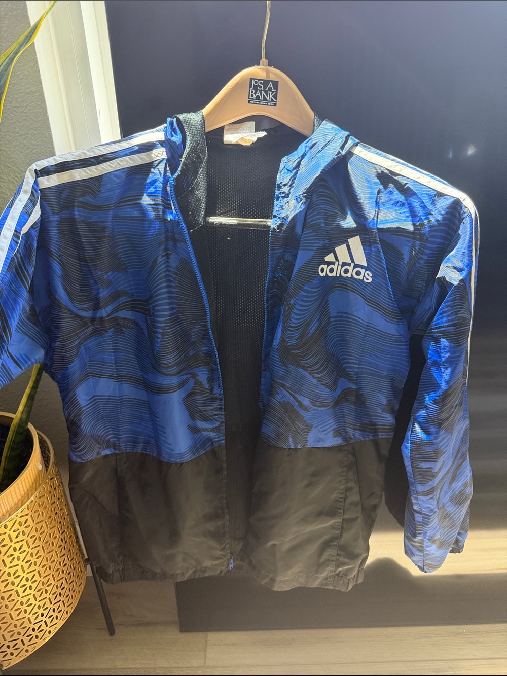 adidas Blue and Black Wave-Pattern Hooded Windbreaker
